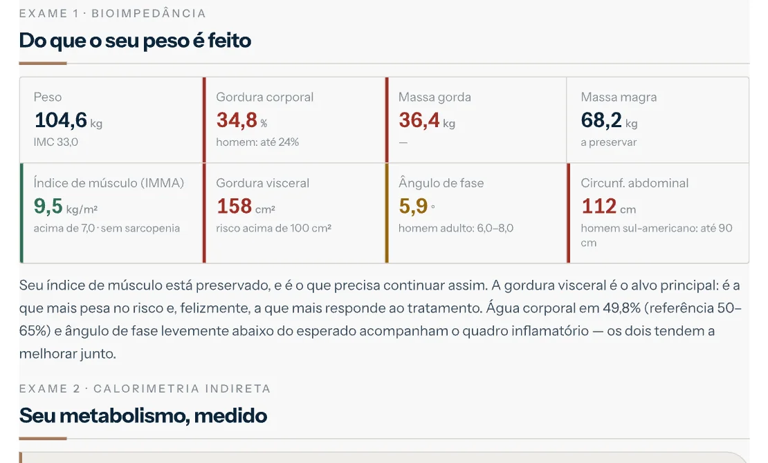 Trecho do documento com os resultados de bioimpedância